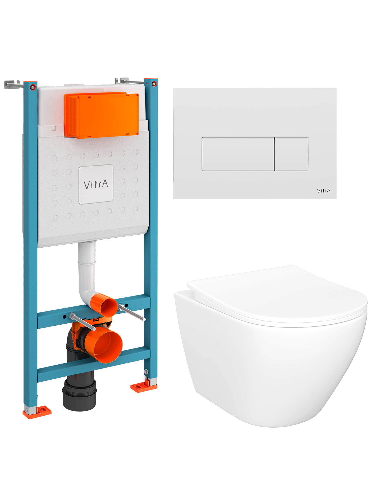 Комплект 4 в 1: Инсталляция VitrA Ви-Фикс Кор (V-Fix Core) 732-5800-01 + Унитаз подвесной STWORKI Кронборг S28401WH безободковый, с микролифтом + Кнопка Рут Скуэр (Root Square) 740-2300, глянцевая белая + Комплект креплений