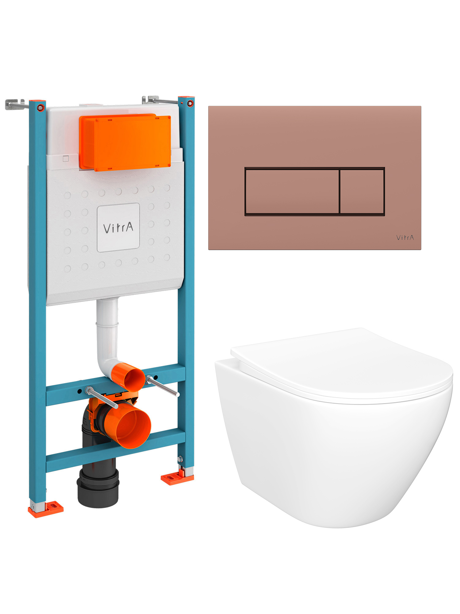 Комплект 4 в 1: Инсталляция VitrA Ви-Фикс Кор (V-Fix Core) 732-5800-01 + Унитаз подвесной STWORKI Кронборг S28401WH безободковый, с микролифтом + Кнопка Рут Скуэр (Root Square) 740-2340, глянцевая медь + Комплект креплений