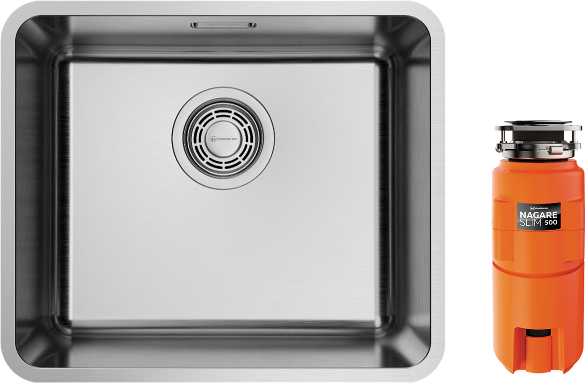 Комплект Мойка Omoikiri Omi 43-U/I Ultra Mini-IN 43x37, нержавеющая сталь + Измельчитель Nagare slim 500 электрический, нержавеющая сталь