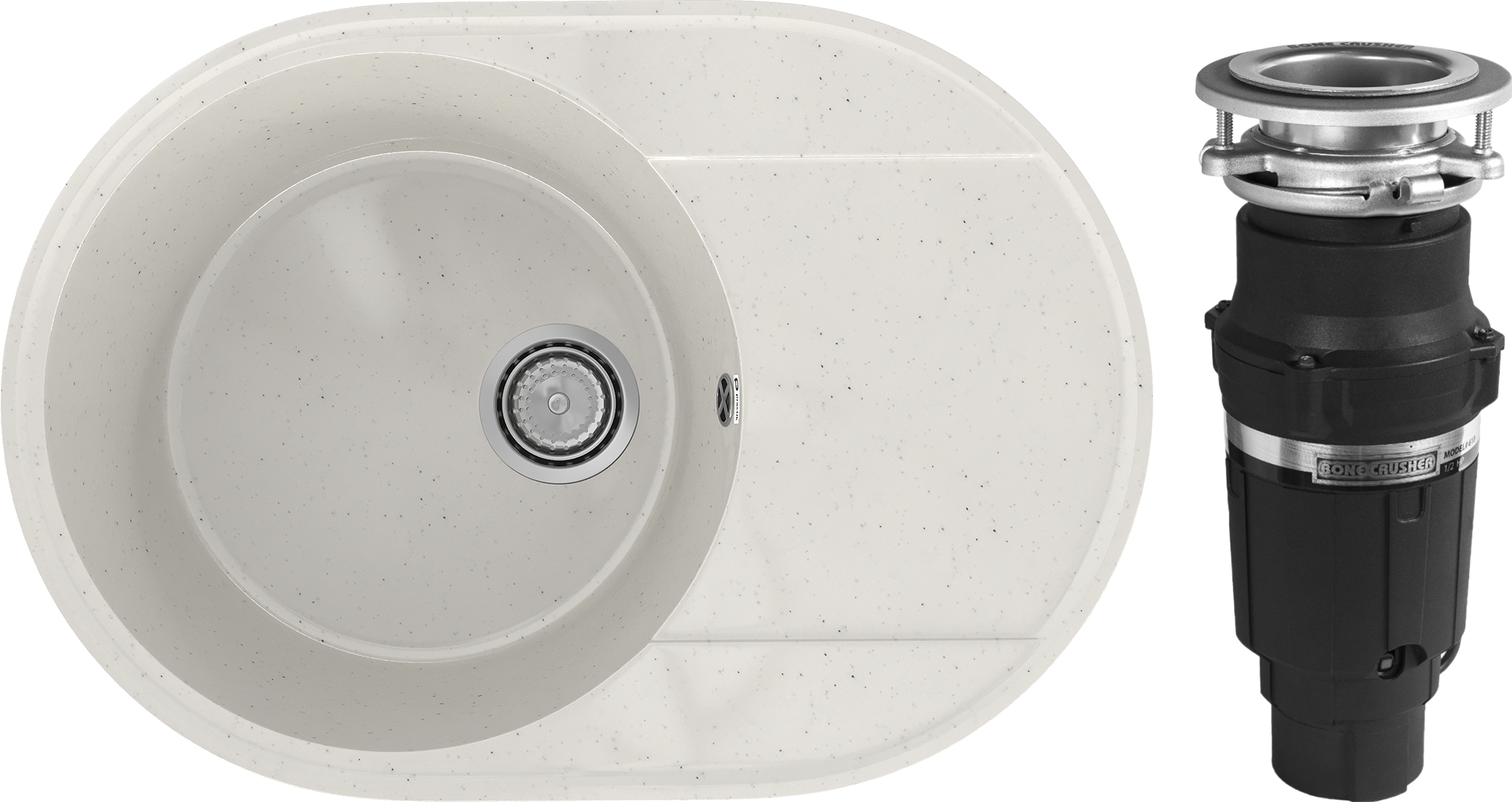Комплект Мойка Practik PR-M 610-001 61x47, белый камень, искусственный мрамор + Измельчитель Bone Crusher BC 610-AS электрический, нержавеющая сталь