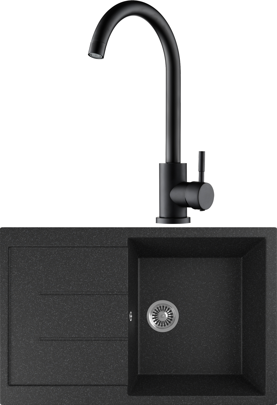 Комплект Мойка Domaci Бьелла M-GS14-BL 75x50, черная, искусственный мрамор + Смеситель Равенна D99-009b