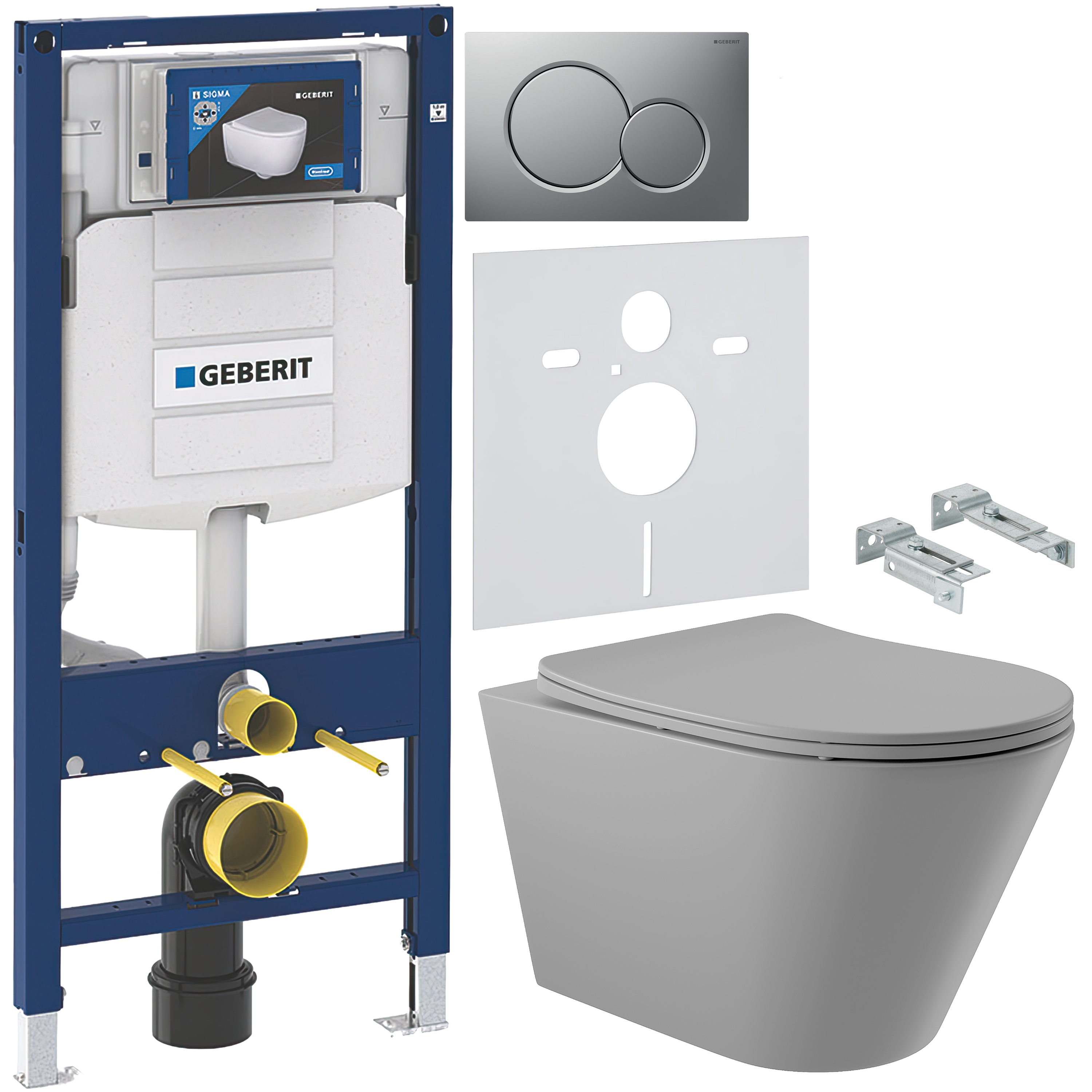 Комплект 5 в 1 Унитаз подвесной Aqueduto Cone CON0130 + Крепления Geberit Duofix 111.815.00.1, к стене + Инсталляция UP 320 111.300.00.5 (111.950.00.6) + Кнопка Sigma 01 115.770.JQ.5 цвет матовый хром + Звукоизоляция 156.050.00.1