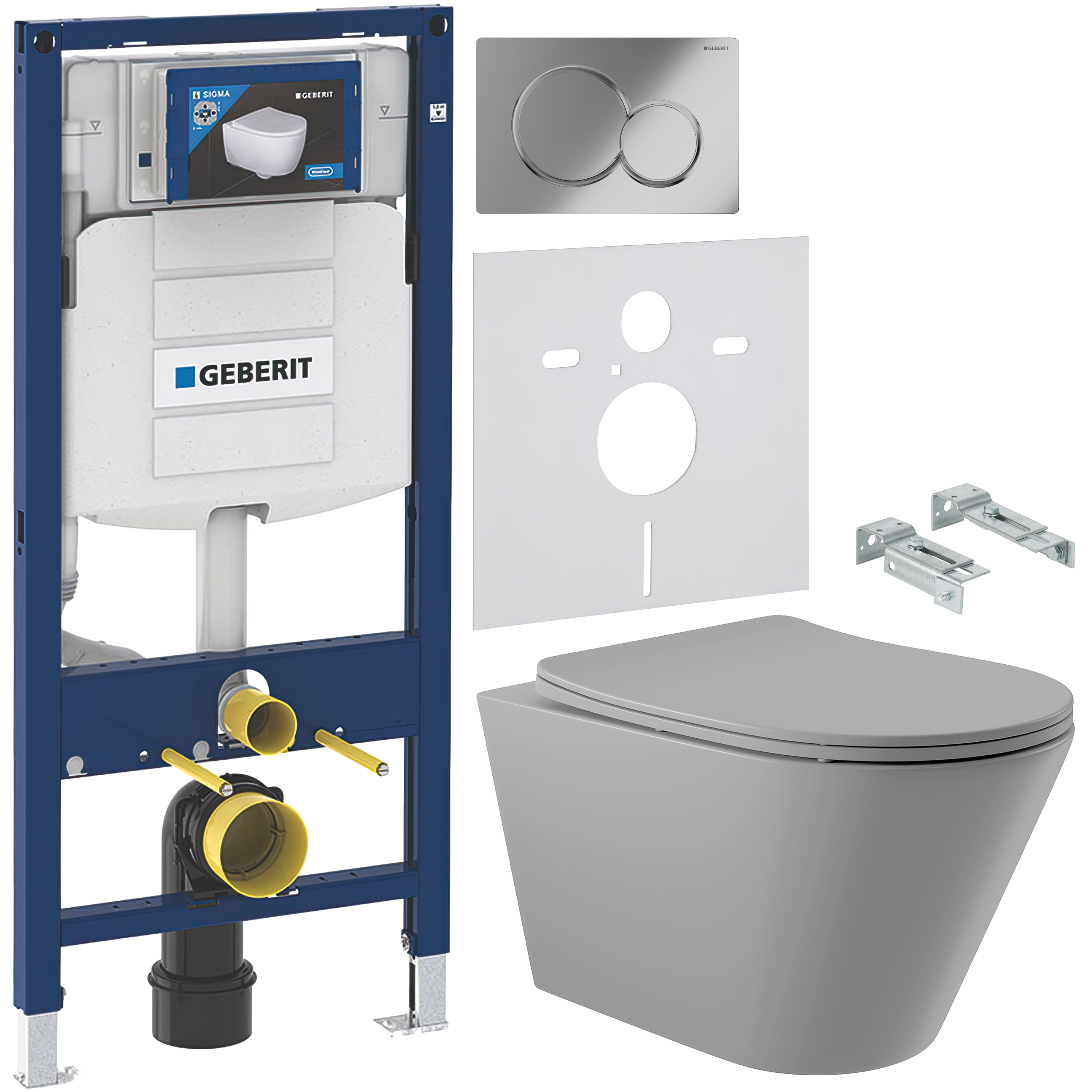 Комплект 5 в 1 Унитаз подвесной Aqueduto Cone CON0130 + Крепления Geberit Duofix 111.815.00.1, к стене + Инсталляция UP 320 111.300.00.5 (111.950.00.6) + Кнопка Sigma 01 115.770.21.5 цвет глянцевый хром + Звукоизоляция 156.050.00.1