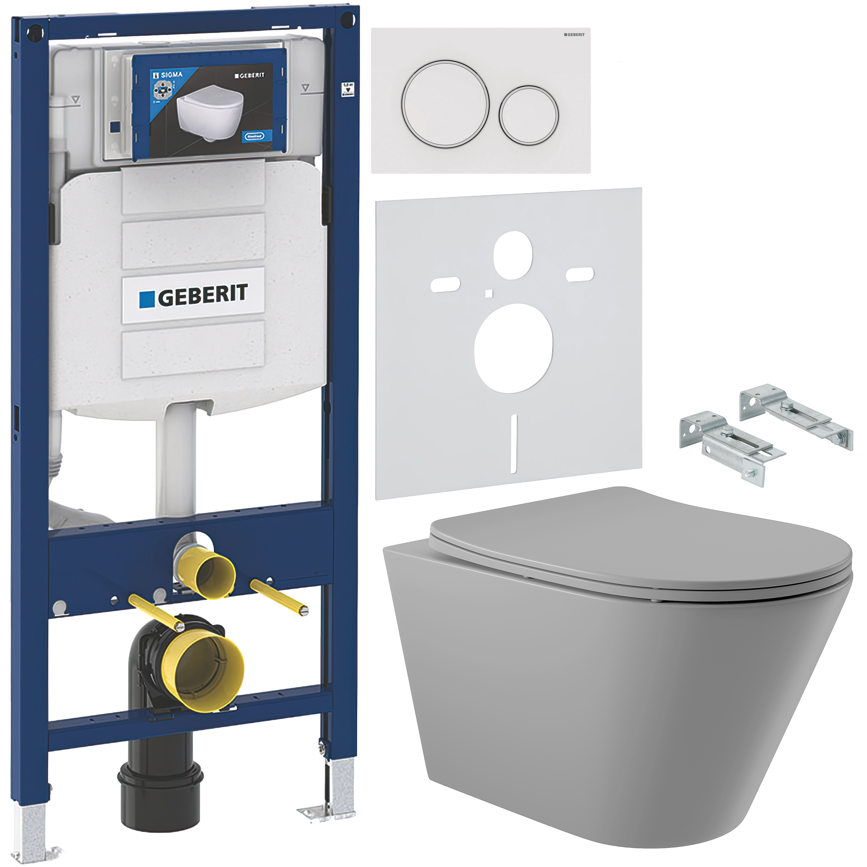 Комплект 5 в 1 Унитаз подвесной Aqueduto Cone CON0130 + Крепления Geberit Duofix 111.815.00.1, к стене + Инсталляция UP 320 111.300.00.5 (111.950.00.6) + Кнопка Sigma 20 115.882.11.1 цвет глянцевый белый + Звукоизоляция 156.050.00.1