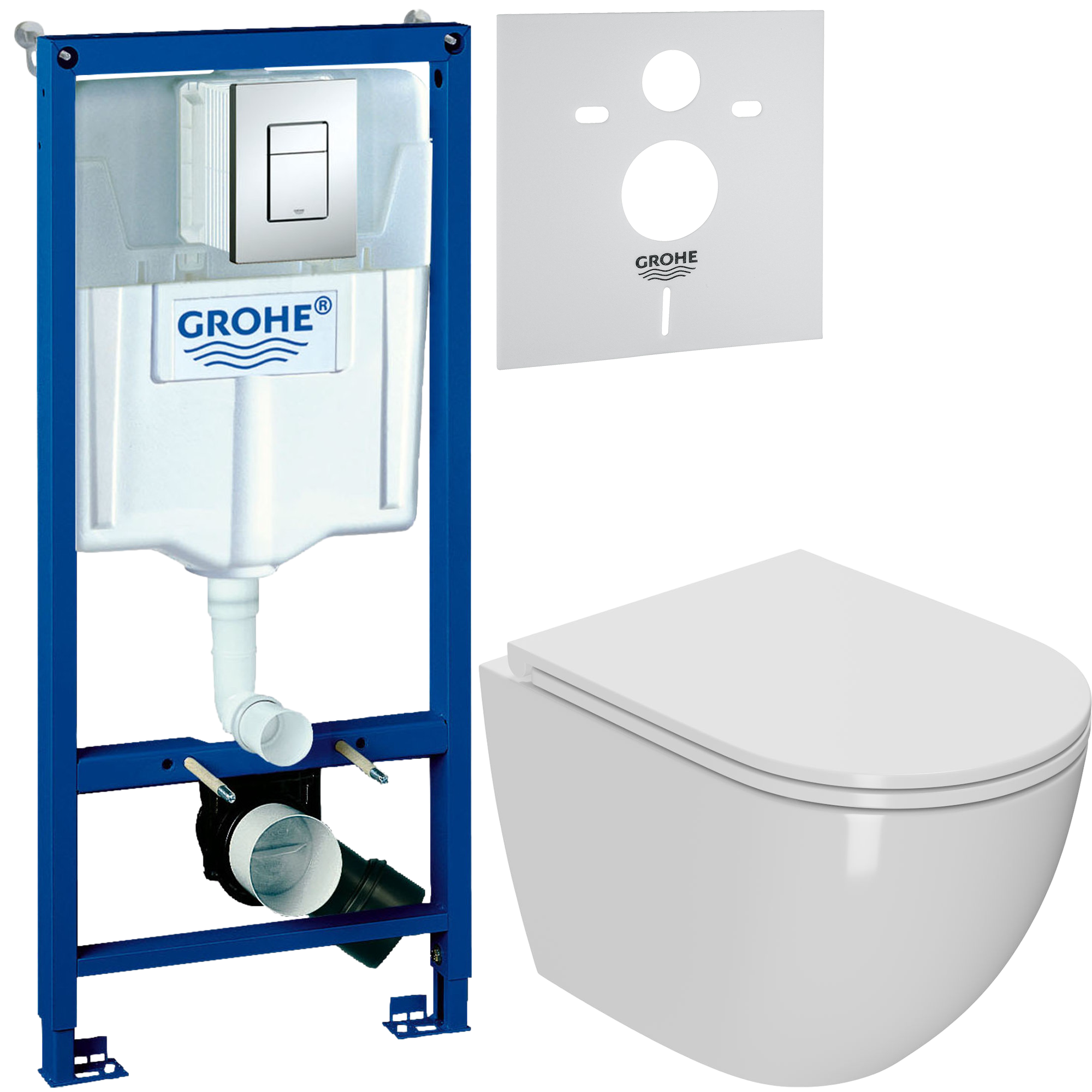 Комплект 3 в 1 Унитаз подвесной Bauedge Bau Dream + Инсталляция с кнопкой Grohe Rapid SL 38772001 цвет хром + Звукоизоляция 37131000
