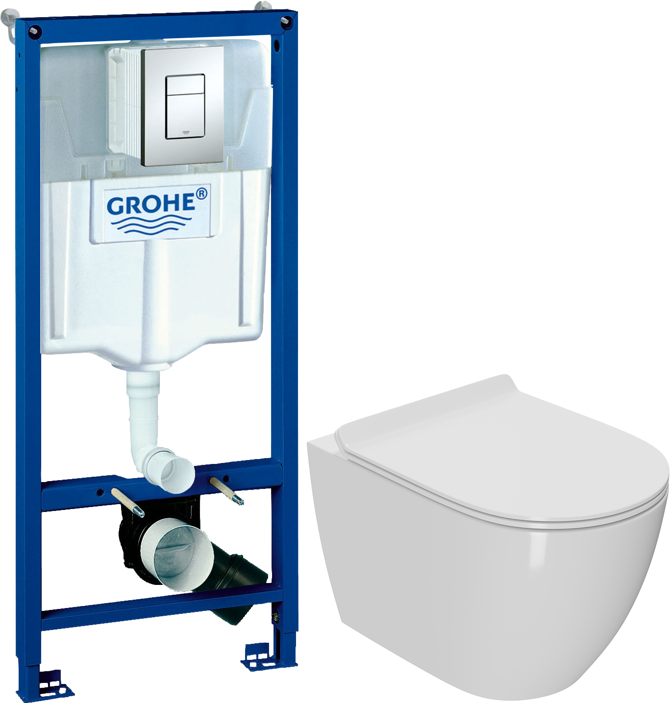 Комплект 2 в 1 Унитаз подвесной Bauedge Bau Dream + Инсталляция с кнопкой Grohe Rapid SL 38772001 цвет хром