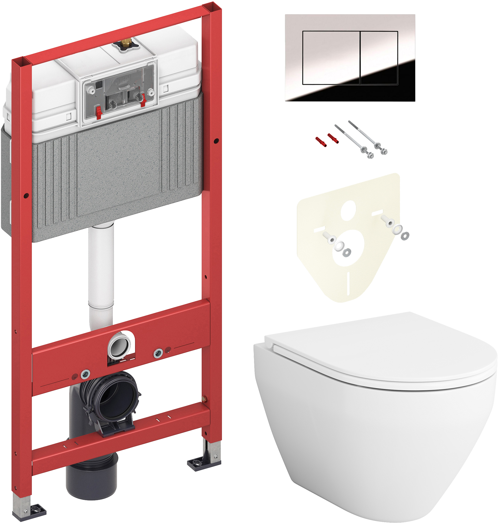 Комплект 2 в 1 Унитаз подвесной AM.PM Spirit V2.0 FlashClean C701700WH, безободковый, глянцевый белый, крышка-сиденье с микролифтом C707857WH + Инсталляция с кнопкой TECE Now 9400412 цвет хром