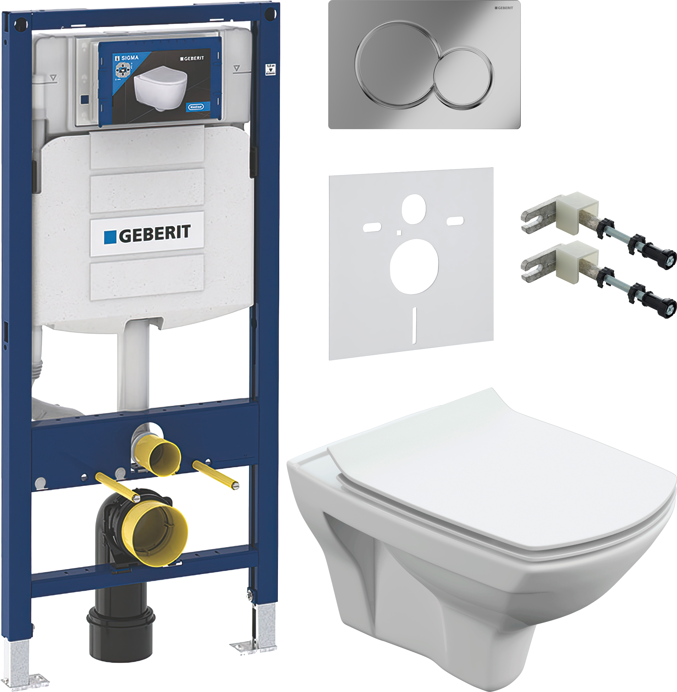 Комплект 5 в 1 Унитаз подвесной Cersanit Карина (Carina) XL Clean On DPL EO + Крепления Geberit Duofix 111.815.00.1, к стене + Звукоизоляция 156.050.00.1 + Инсталляция UP 320 111.300.00.5 (111.950.00.6) + Кнопка Sigma 01 115.770.21.5 цвет глянцевый хром