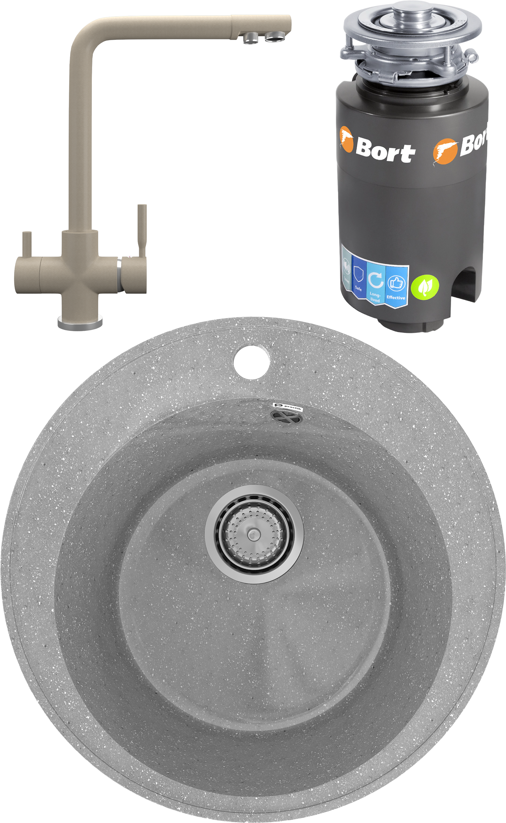 Комплект Мойка Practik PR-M 475-003, светло-серая + Смеситель Ulgran Quartz UQ-016, десерт + Измельчитель Bort Titan 4000