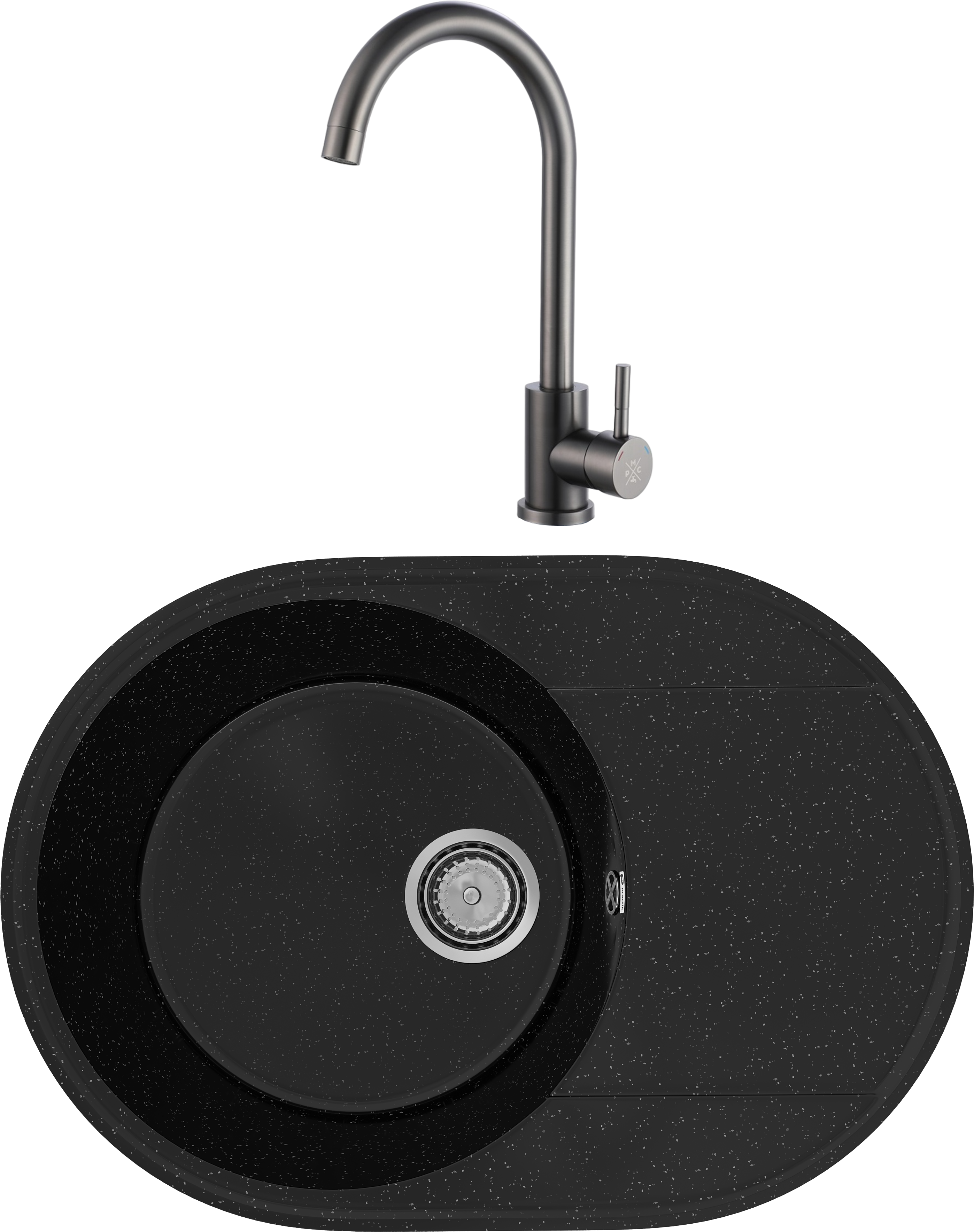 Комплект Мойка Practik PR-M-610-004 61x47, черный оникс, искусственный мрамор + Смеситель РМС Sus124pvd 017F вороненая сталь, вороненая сталь
