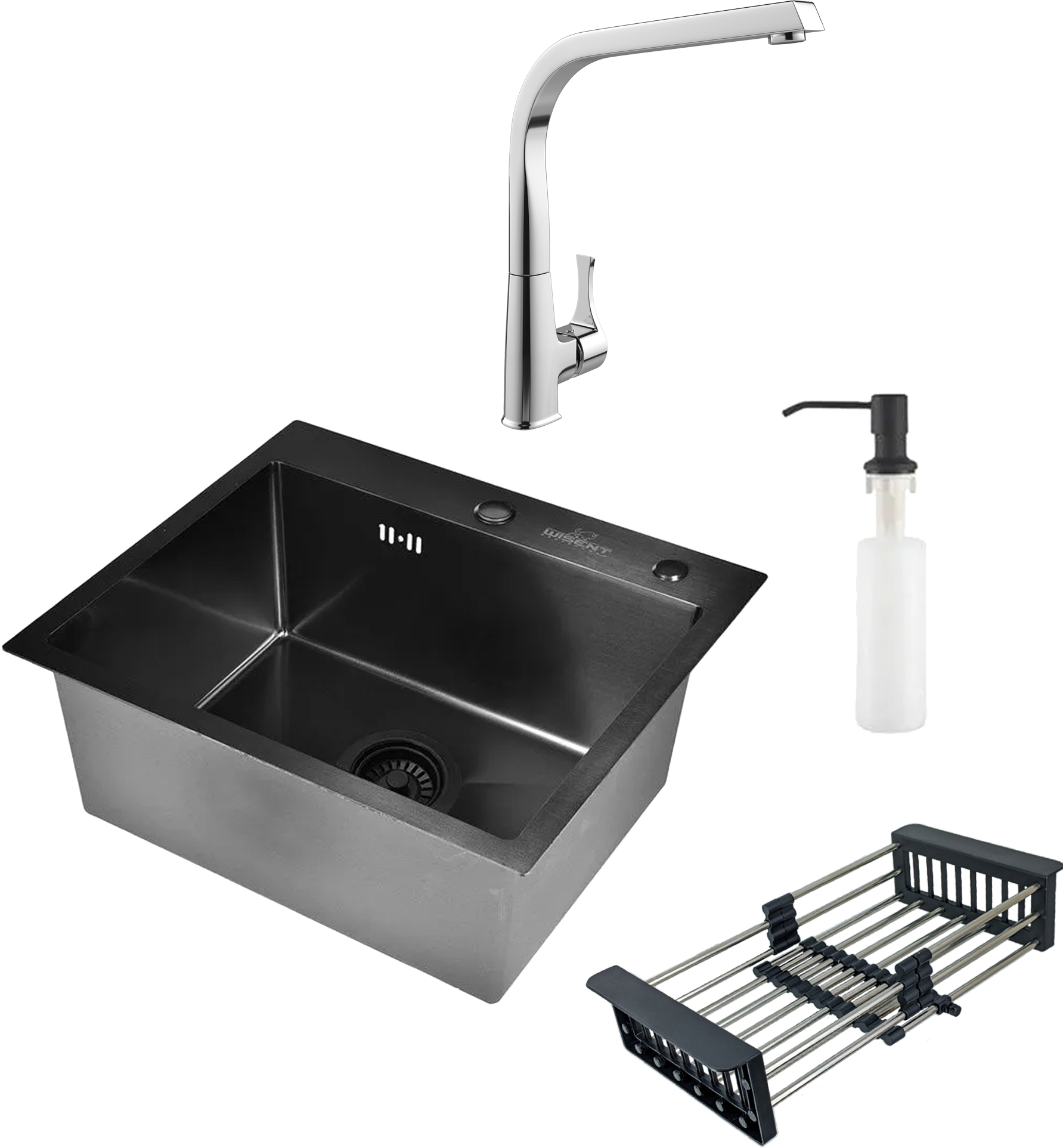 Комплект Мойка Wisent WS35044B/W302644B/W405B/WGER019B 5044B 50x44, графит, нержавеющая сталь + Смеситель MEGA Mega MG-SUN03 глянцевый хром